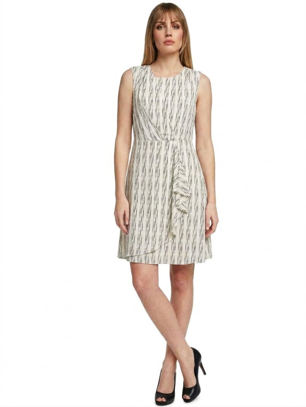 Calvin KLEIN Dress Rayon Blend Stripe Draped Pleated Ruffle Flounce Versatile